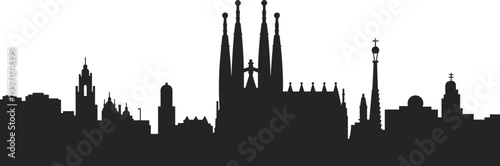 Barcelona city skyline silhouette featuring Sagrada Familia cathedral iconic architecture cultural landmark urban design illustration concept representation flat vector