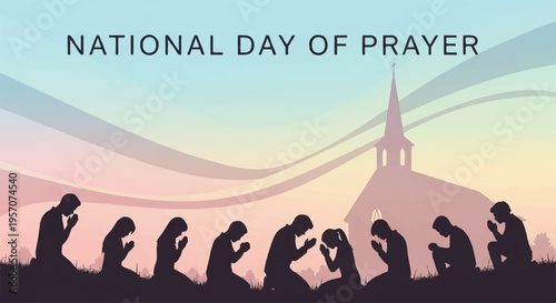 People praying in silhouette at sunset with church national day of prayer concept