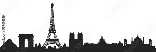 Paris France skyline silhouette with Eiffel Tower Arc de Triomphe Louvre Pyramid Notre Dame Cathedral cultural landmarks illustration flat vector