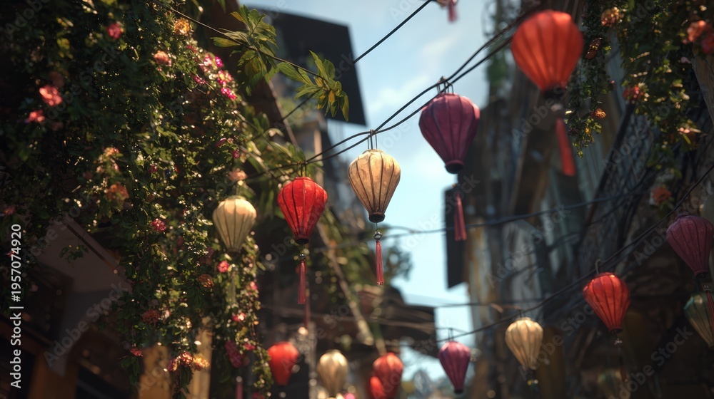 Naklejka premium Colorful lanterns hang across a sunlit alley adorned with lush green vines and flowers, creating a vibrant, festive atmosphere in an old town.
