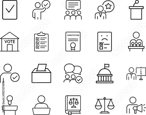 Election voting politics line vector icon set ballot box checkmark constitution justice