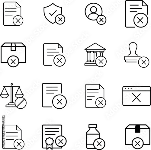 Denied rejected line vector icon set document user box shield bank law