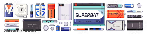 Metal batteries and lithium accumulator set. Different dry alkaline electrical energy cylinder cells, power banks. Nickel elements for charging electronics. Flat isolated vector illustrations on white