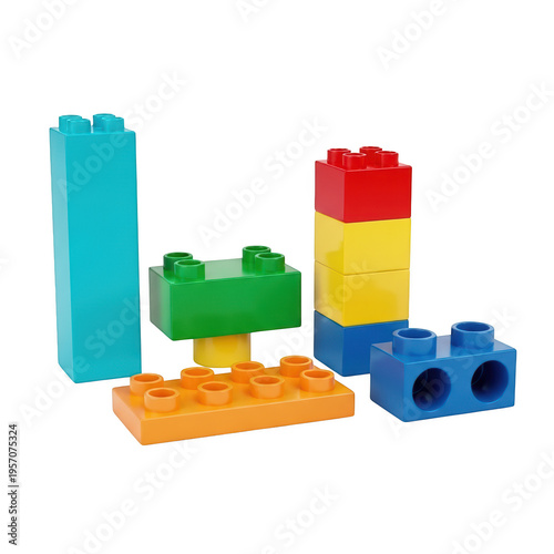 A group of colorful plastic building blocks isolated on transparent background