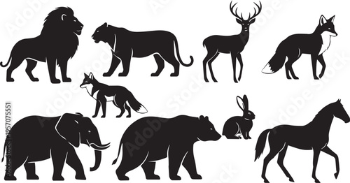 Set of wild animal silhouettes including horse dog elephant bear wolf tiger giraffe deer cow and other animals vector illustration