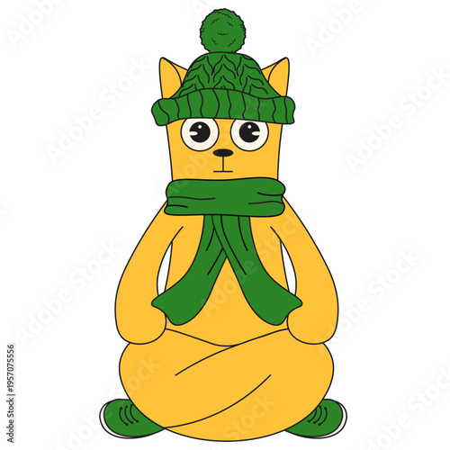 Cute red Cat in knitted hat and scarf isolated transparent background. Vector ginger Cat in winter clothes. Funny winter art. Ideal child t-shirt print kids clothes decor. Editable stroke EPS 10