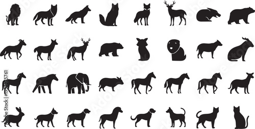 Set of animal silhouettes including horse dog elephant lion tiger cow deer giraffe bear and other wildlife vector illustration