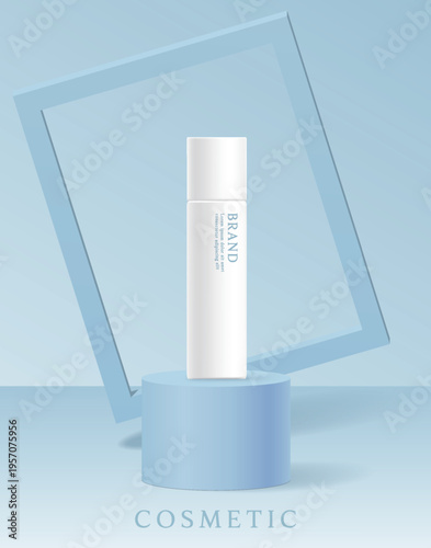 Cosmetics and skin care product ads template on blue geometrical  background.