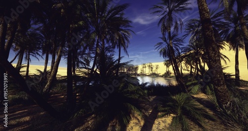 Fotografie dusk lagoon reflecting palm crowns and deepening sky, soft ripples, cool indigo