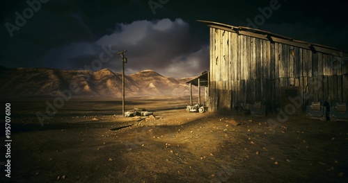 Foto weathered roadside shelter beneath heavy clouds, twilight scene showing isolated