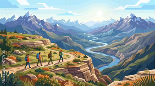 Three hikers with backpacks and trekking poles walk on a winding path through a scenic mountain valley with a river below and snow-capped peaks in the distance.