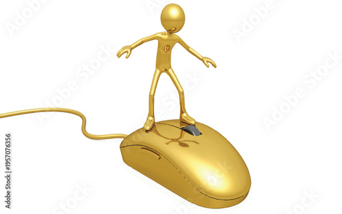 Golden man standing on computer mouse with cord and shiny surface and outstretched arms