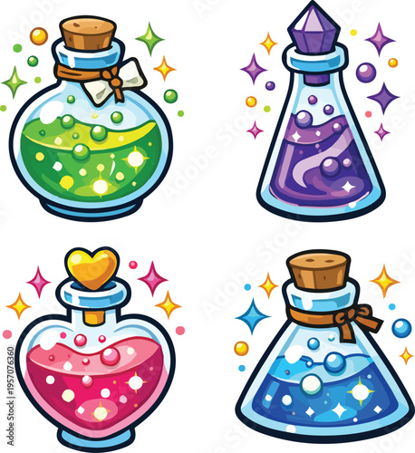 Collection of colorful magic potion bottles with bubbles and sparkles in vector style