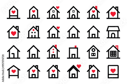 A grid of twenty-five minimalist house icons, each with a red heart. This vector collection symbolizes home, love, property, real estate, ideal for digital design and web projects