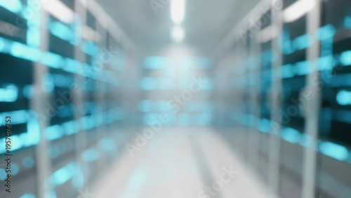 Abstract digital data storage environment with glowing lights and blurred server racks inside a futuristic data center