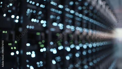 Abstract View of Blurred Data Center with Lights and Servers for Technology and Network Concepts in Modern Digital Infrastructure