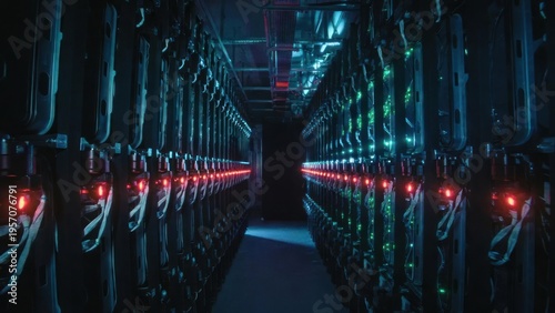 Futuristic Data Center Corridor with Bright Lighting and High-Tech Servers in a Dark Environment, Showcasing Advanced Technology Infrastructure