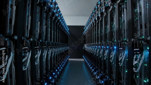 High-Tech Data Center with Illuminated Server Racks and Dark Background for Digital Infrastructure and Technology Concepts