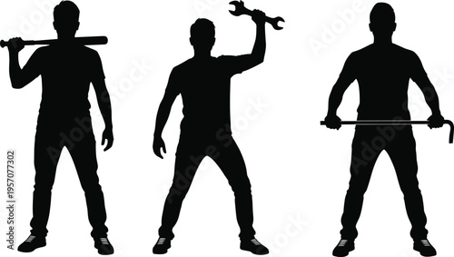 Silhouette of men holding bat, wrench, and crowbar, set of tough male figures with tools and weapons for industrial concepts, repair.