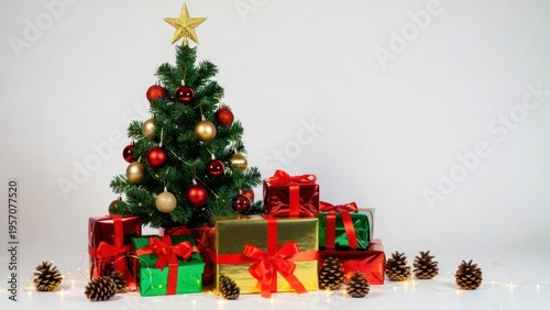 Festive Christmas Tree Surrounded by Colorful Gift Packages and Pine Cones on a White Background