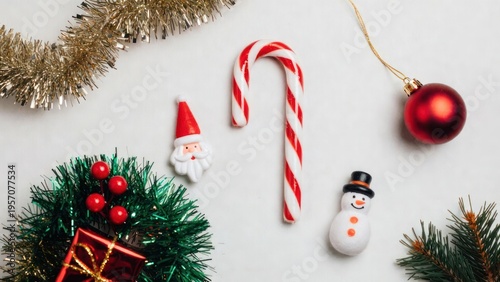 Festive Christmas Decorations with Candy Cane, Santa, Snowman, Red Ornament, and Green Garland for Holiday Celebrations and Winter Joy