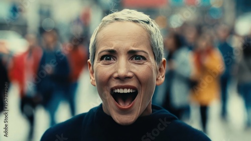 Excited woman with short hair smiling broadly in a busy urban environment filled with people and vibrant city life