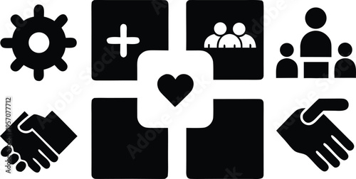 Comprehensive visual set of interconnected abstract icons representing teamwork, community support, health, business collaboration, and social responsibility