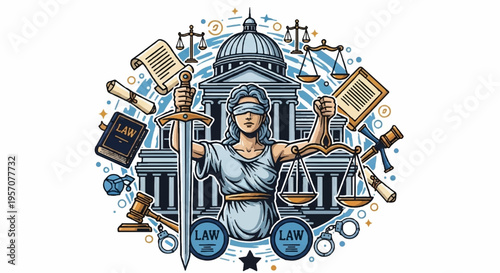 Justice system concept with lady justice law books gavel scales and courthouse background