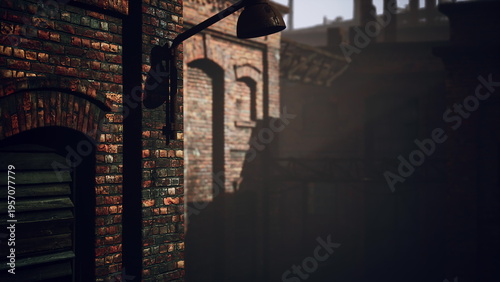 Photos Dim light casts long shadows on weathered brick walls in an old alleyway