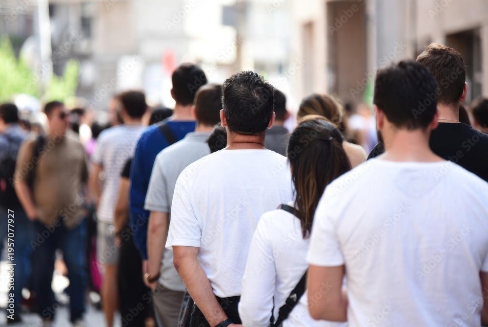 Obraz premium Diverse Crowd Waiting in Line Outdoors on a Bright Sunny Day in a City Street