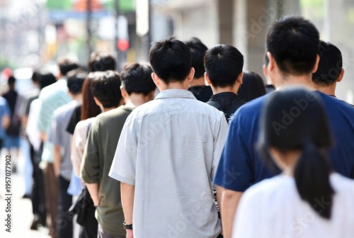 Long Queue of People Waiting Outdoors on a Sunny Day in an Urban Environment