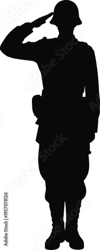 Black silhouette of a soldier in vintage uniform and helmet saluting respectfully isolated on white background for military memorial and veteran day designs