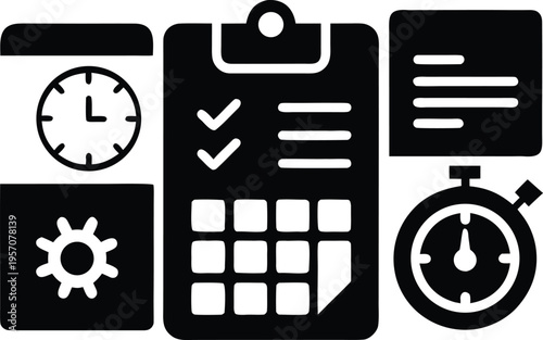 A collection of versatile black and white digital icons representing essential productivity tools for task management, scheduling, and time tracking