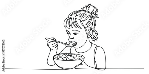 A young girl with a hair bun eating a meal from a bowl using a spoon in a continuous line drawing