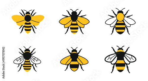 Six stylized bee illustrations with varying poses and wing details