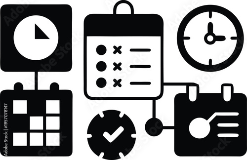 Graphic icons representing time management, scheduling, and task completion using clocks, calendars, and checklists