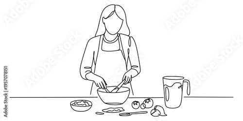 Continuous line drawing of a woman in an apron mixing ingredients in a bowl on a kitchen counter