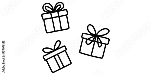 Three simple hand drawn gift boxes with ribbons arranged in a group for a festive holiday design