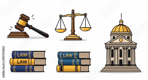 Law and justice symbols gavel scales books and courthouse building illustrations