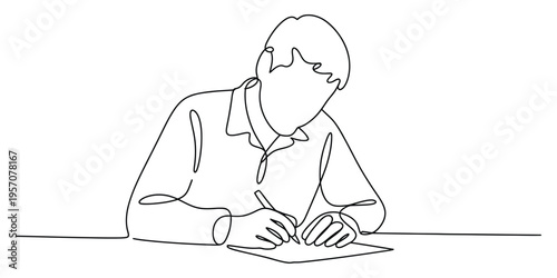 A continuous line drawing of a focused man sitting at a desk and writing on a piece of paper