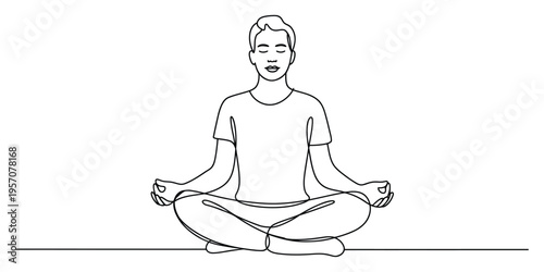 A single continuous line drawing of a person sitting in a peaceful lotus pose for meditation