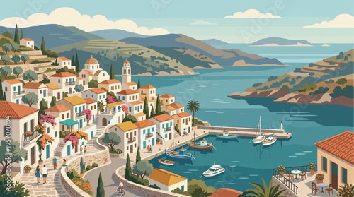 A picturesque, stylized illustration of a charming Mediterranean coastal village with whitewashed houses, red-tiled roofs, and blooming bougainvillea cascading down hillsides overlooking.