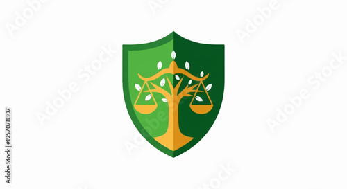 Green shield with golden tree and scales symbolizing balance and harmony in nature