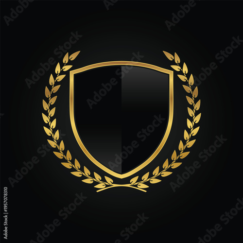 Golden shield emblem with laurel wreath on black background