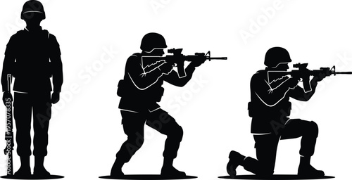 Soldier silhouette set with modern military gear, infantry figures standing and aiming rifle in kneeling and crouching poses for combat.