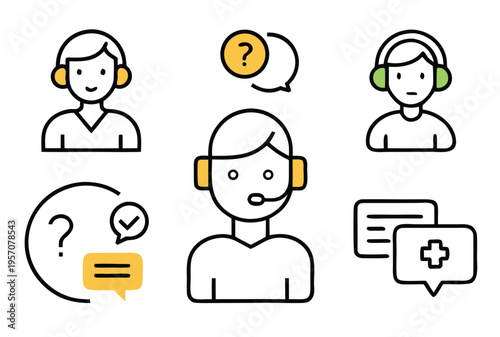 Comprehensive set of linear vector icons illustrating customer service, technical support, online assistance, and communication solutions for businesses and digital platforms