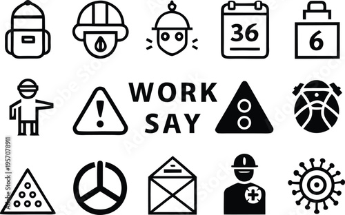 Collection of minimalist icons representing various professions, safety, communication, and health concepts, perfect for design projects