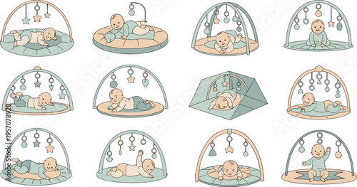 Baby Play Gym and Activity Mat Vector Set with Hanging Toys Infant Development Scenes and Tummy Time Activities for Nursery Illustration Design.