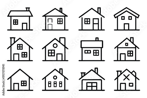 A versatile collection of minimalist outline house icons, perfect for representing residential properties, real estate, home ownership, and architectural concepts in digital and print designs