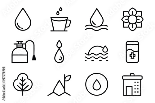 Collection of minimalist line art icons representing water, health, plants, and nature